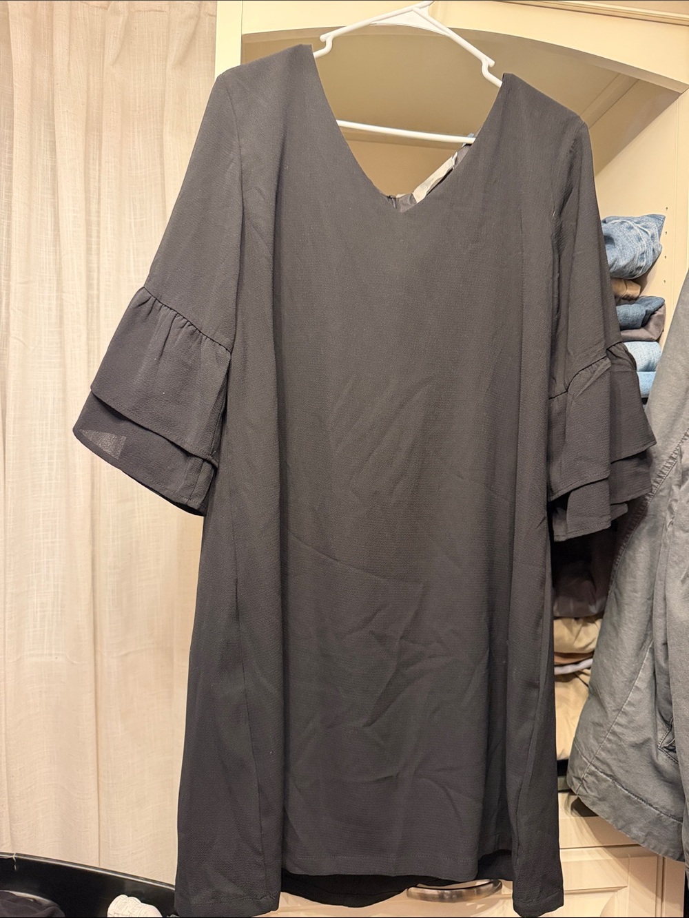 Black V-Neck Ruffle Sleeve Dress
